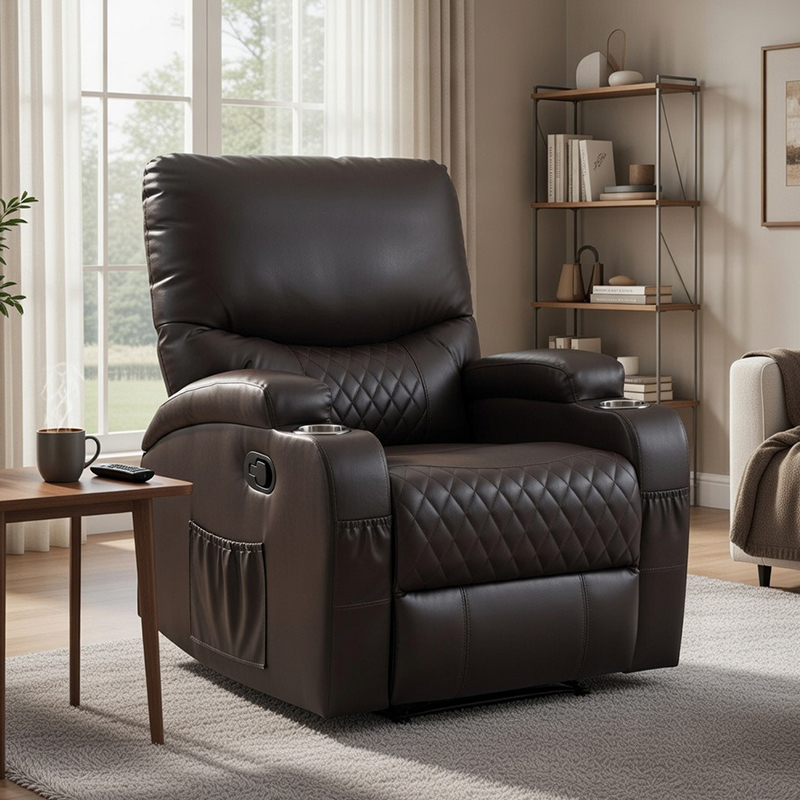 Overstuffed Faux Leather Manuaalinen lepotuoli kahdella mukinpidikkeellä